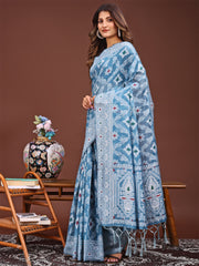 Blue Woven Floral Design Linen Cotton Saree for Sangeet 