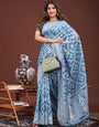 Sky Blue Floral Design Woven linen Cotton Saree