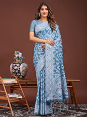 Floral Woven Design Linen Cotton Saree For Sangeet