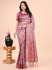 Rani Pink Geometric Weaving Zari Cotton Saree