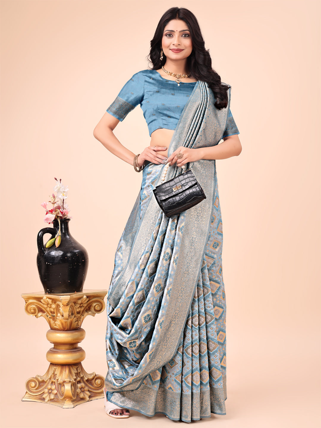 Sky Blue Geometric Weaving Zari Cotton Saree