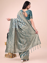 Teal Green Geometric Weaving Zari Cotton Saree For Mehndi