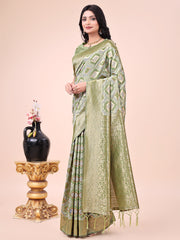 Mehndi Green Geometric Weaving Zari Cotton Saree