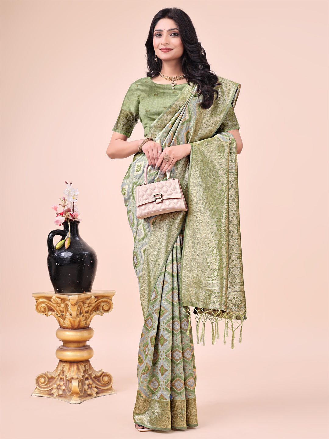Mehndi Green Geometric Weaving Zari Cotton Saree