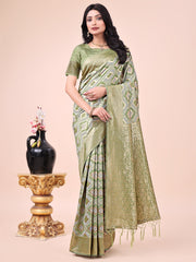 Mehndi Green Geometric Weaving Zari Cotton Saree
