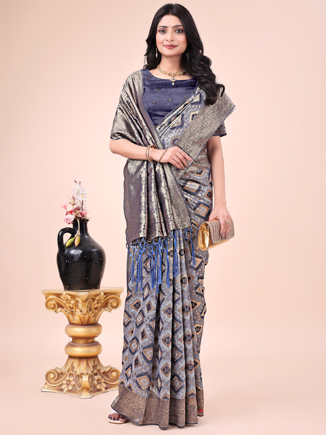 Navy Blue Geometric Weaving Zari Cotton Saree For Sangeet