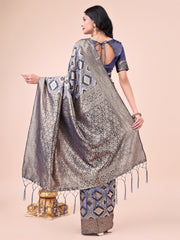 Navy Blue Geometric Weaving Zari Cotton Saree For Sangeet