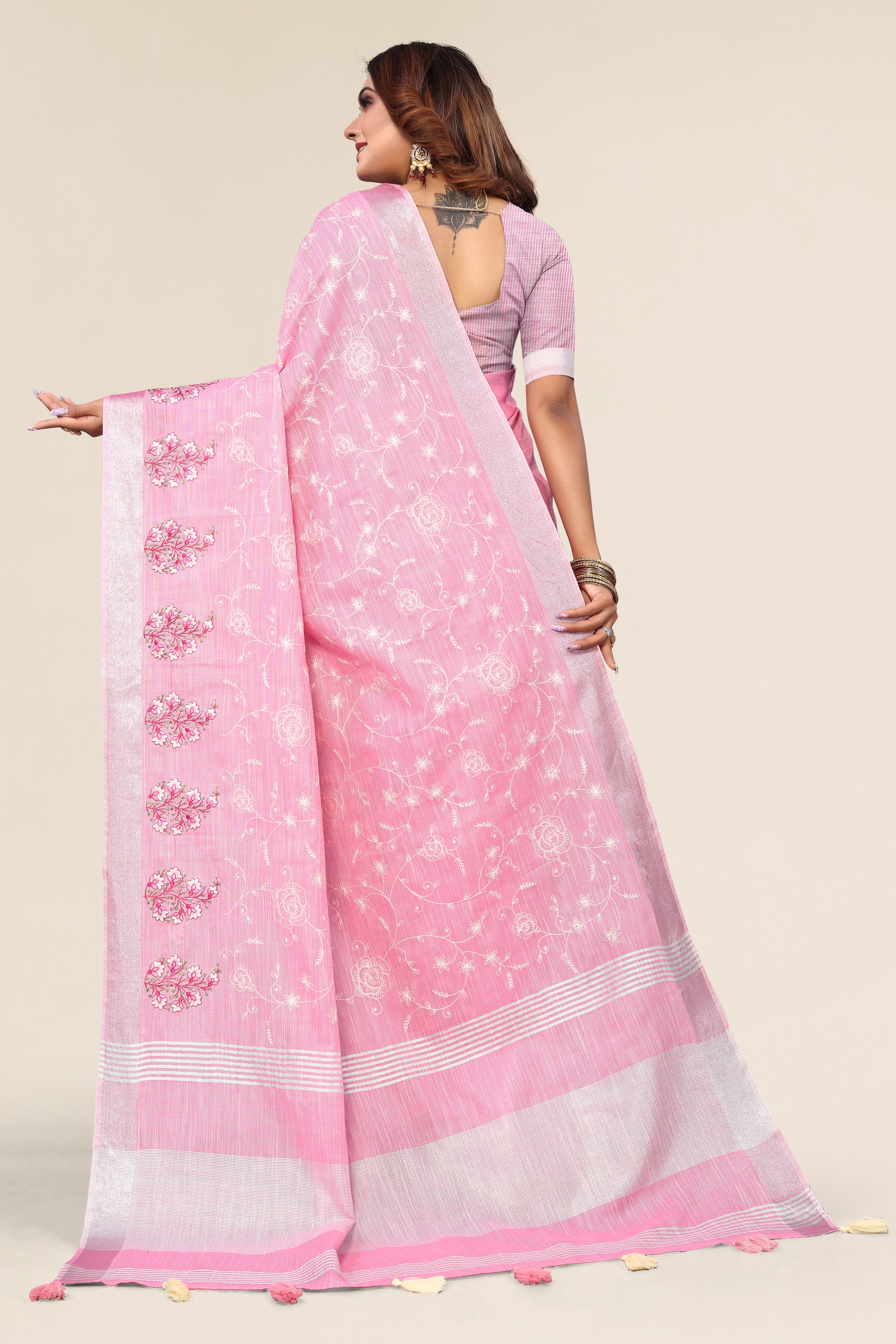 baby pink linen cotton saree