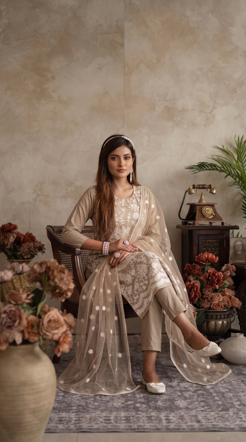 Beige Silk Blend Stitched Set Set