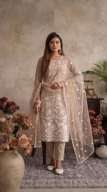 Beige Silk Blend Stitched Set Set