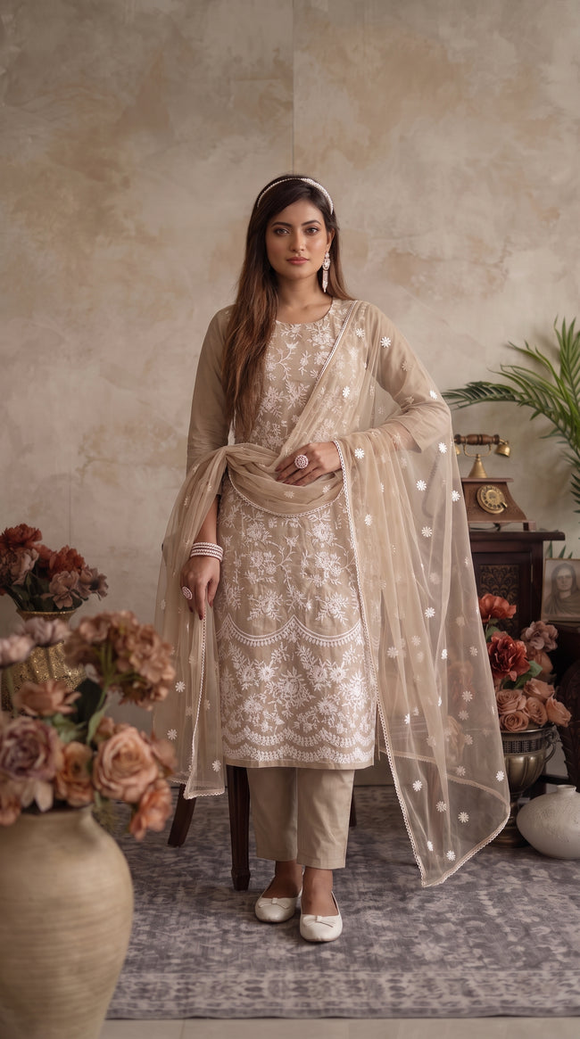 Beige Silk Blend Stitched Set Set