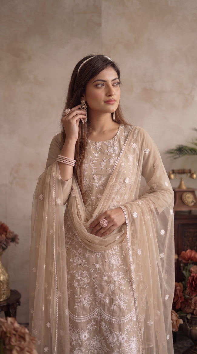 Beige Silk Blend Stitched Set Set