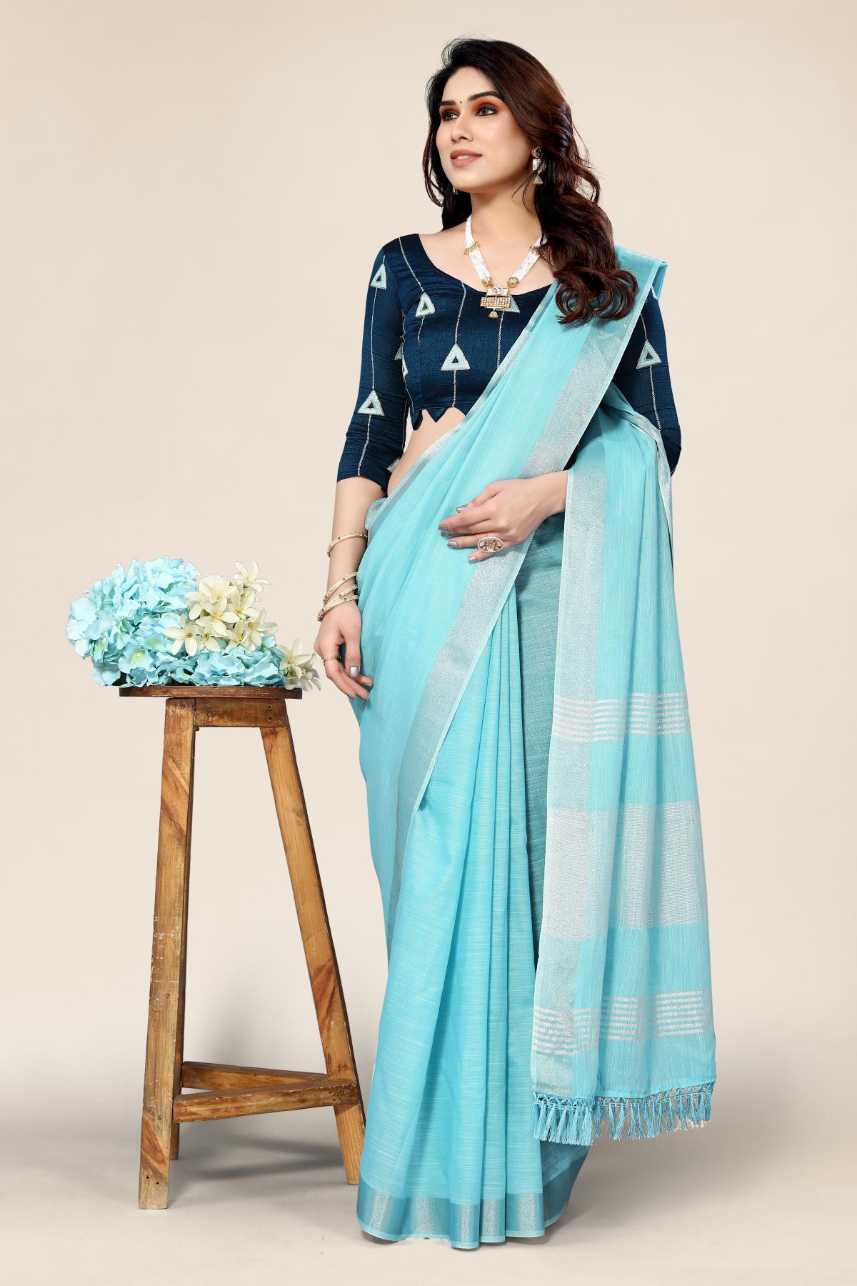 Plain Blue Linen Saree with Embroidered blouse