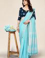 Plain Blue Linen Saree with Embroidered blouse