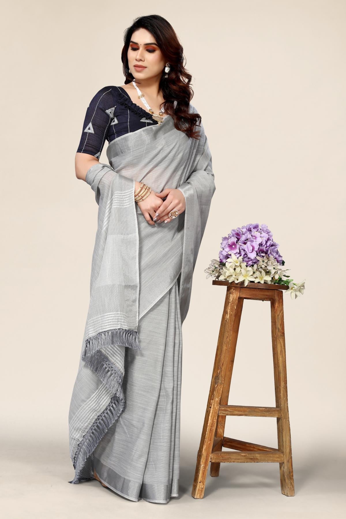 Plain Grey Linen Saree with Embroidered blouse