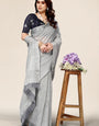 Plain Grey Linen Saree with Embroidered blouse