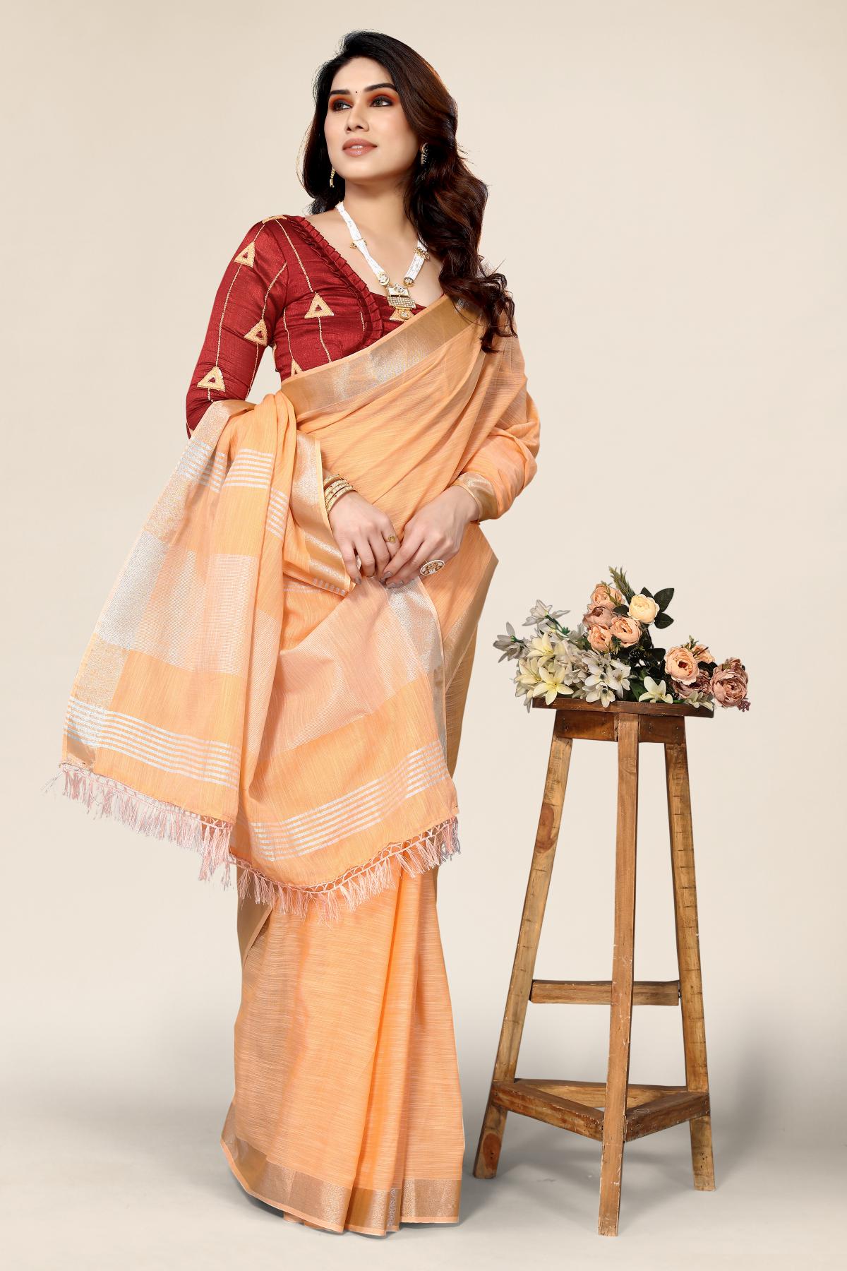 Plain Orange Linen Saree with Embroidered blouse