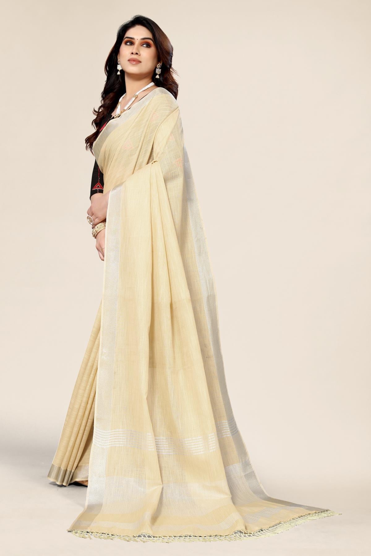 Plain Cream Linen Saree with Embroidered blouse