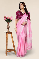 Plain Pink Linen Saree with Embroidered blouse