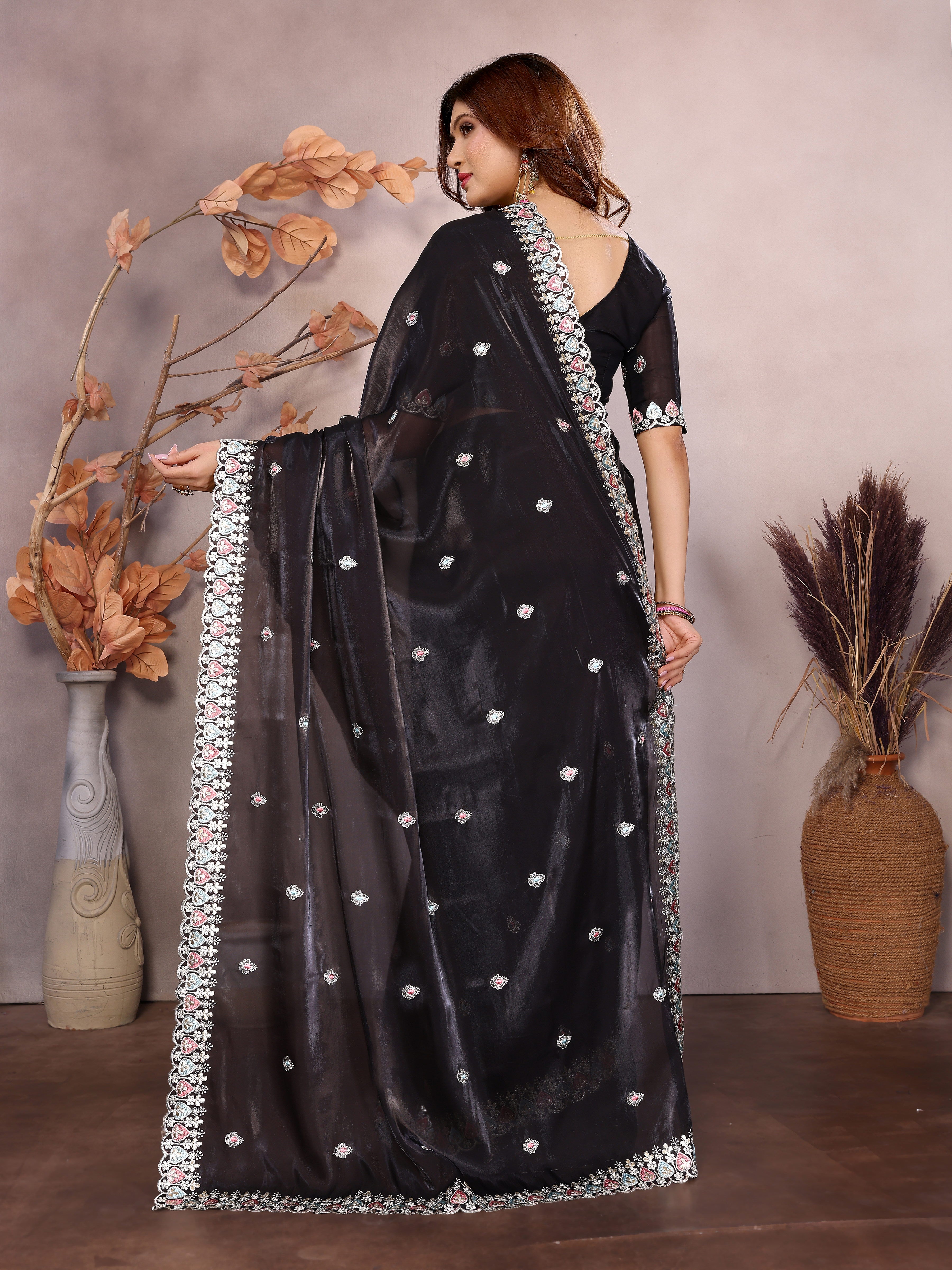black party wear barbarick silk saree with border