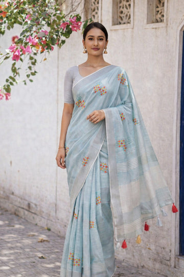 Simple Blue Linen Summer Saree