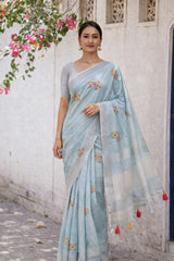 Simple Blue Linen Summer Saree