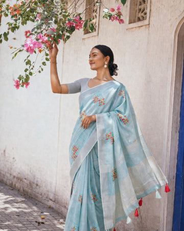 Simple Blue Linen Summer Saree