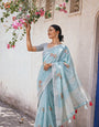 Simple Blue Linen Summer Saree