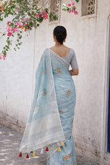 Simple Blue Linen Summer Saree