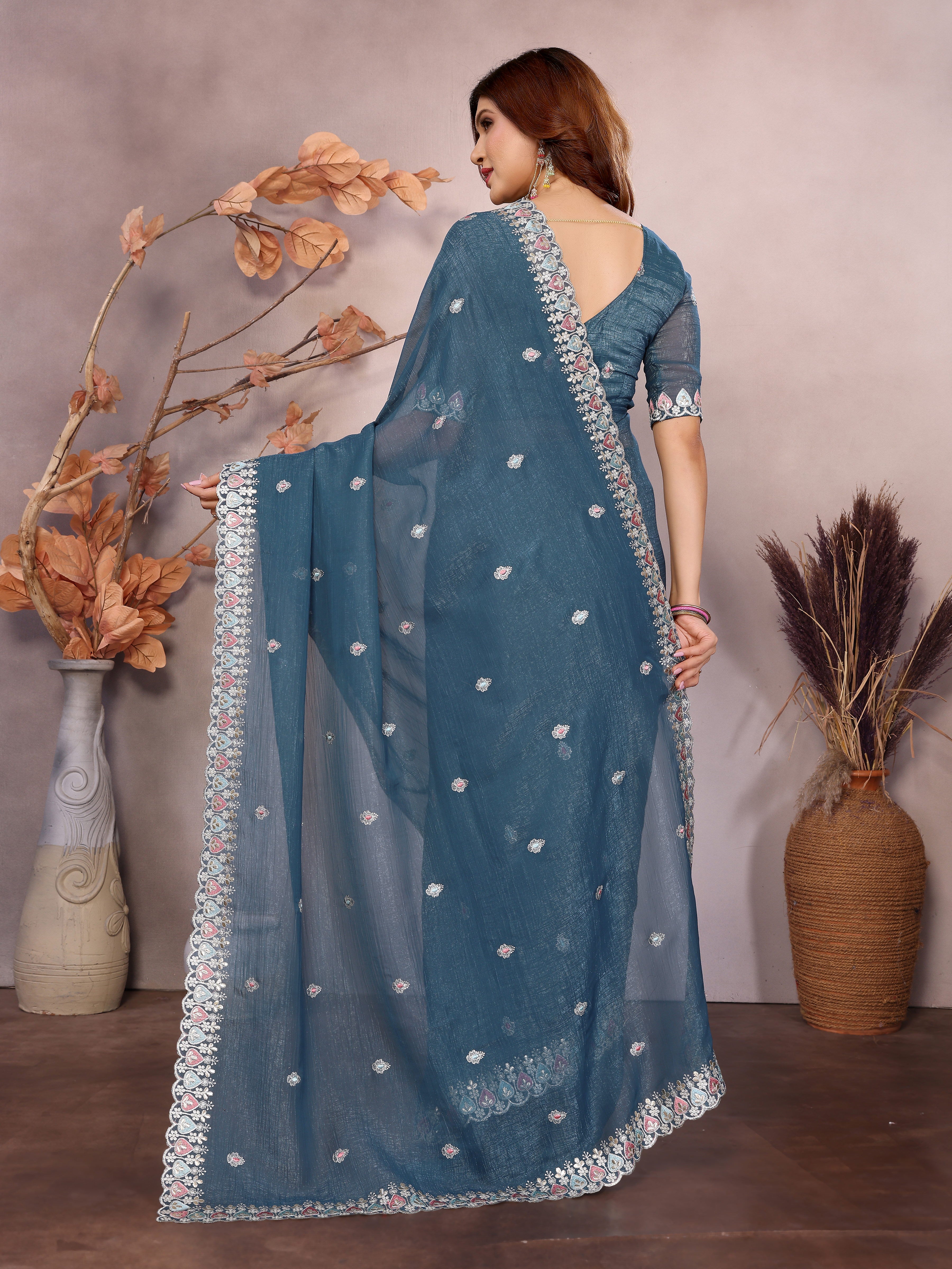 blue barbarick silk cutwork saree for special occasions