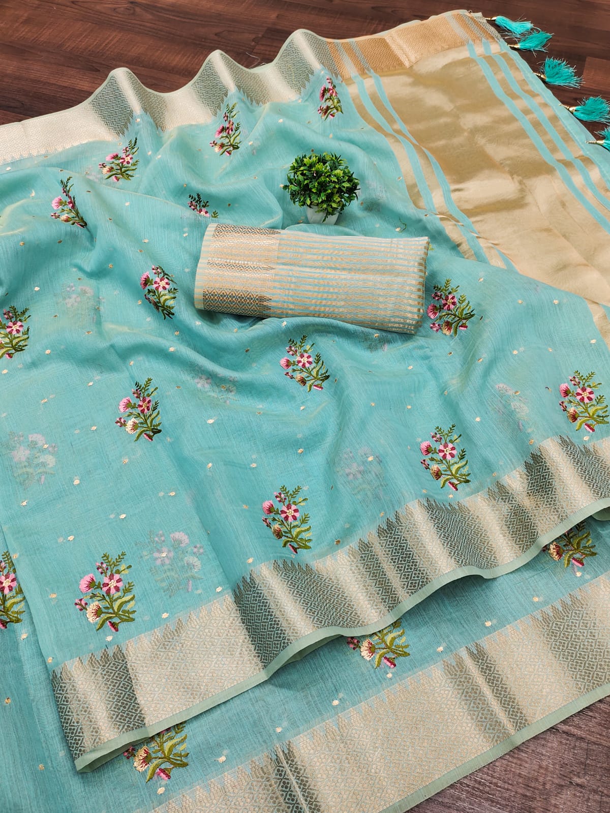 blue color designer cotton embroidery silk saree with original look
