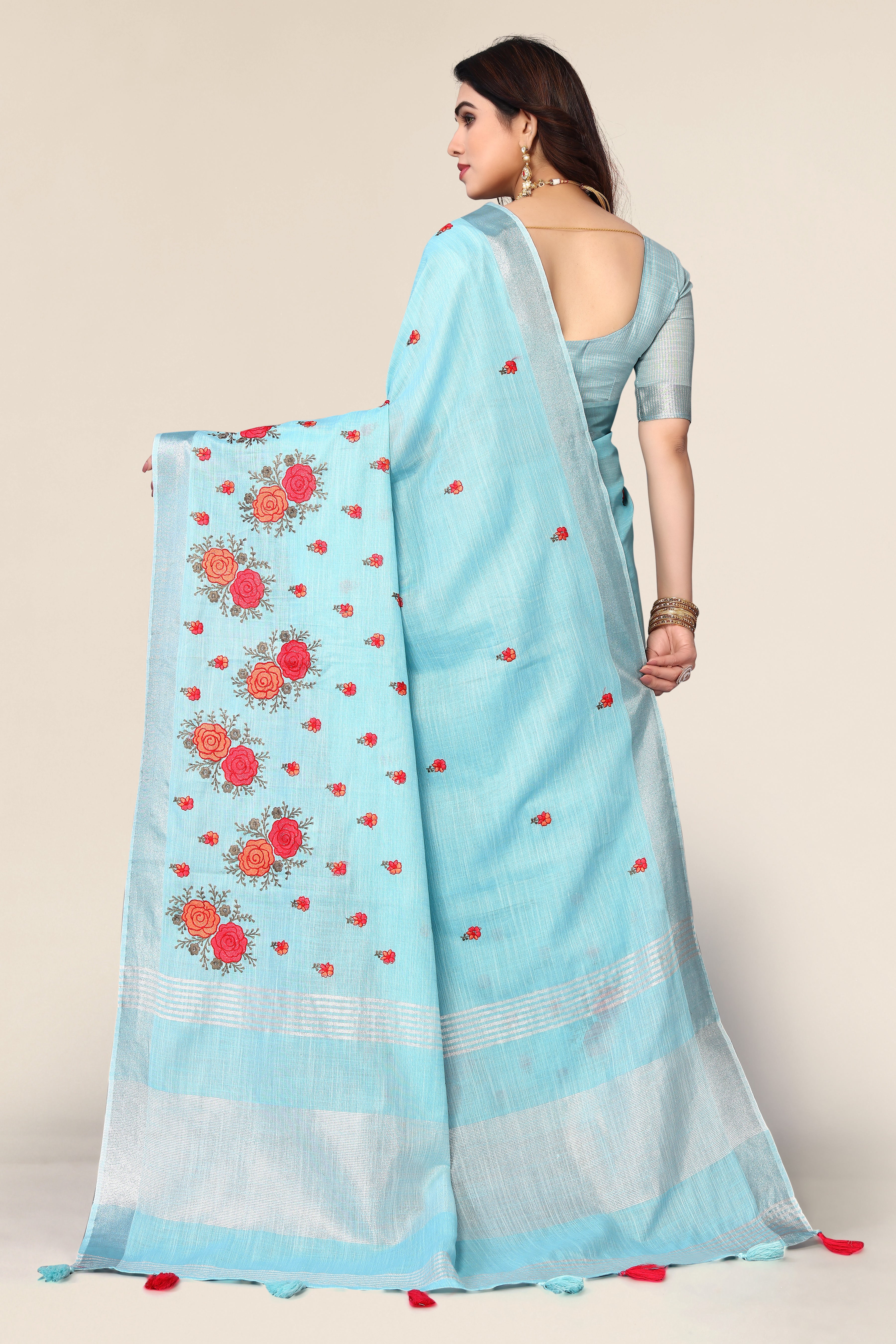 blue cotton saree party wear embroidery