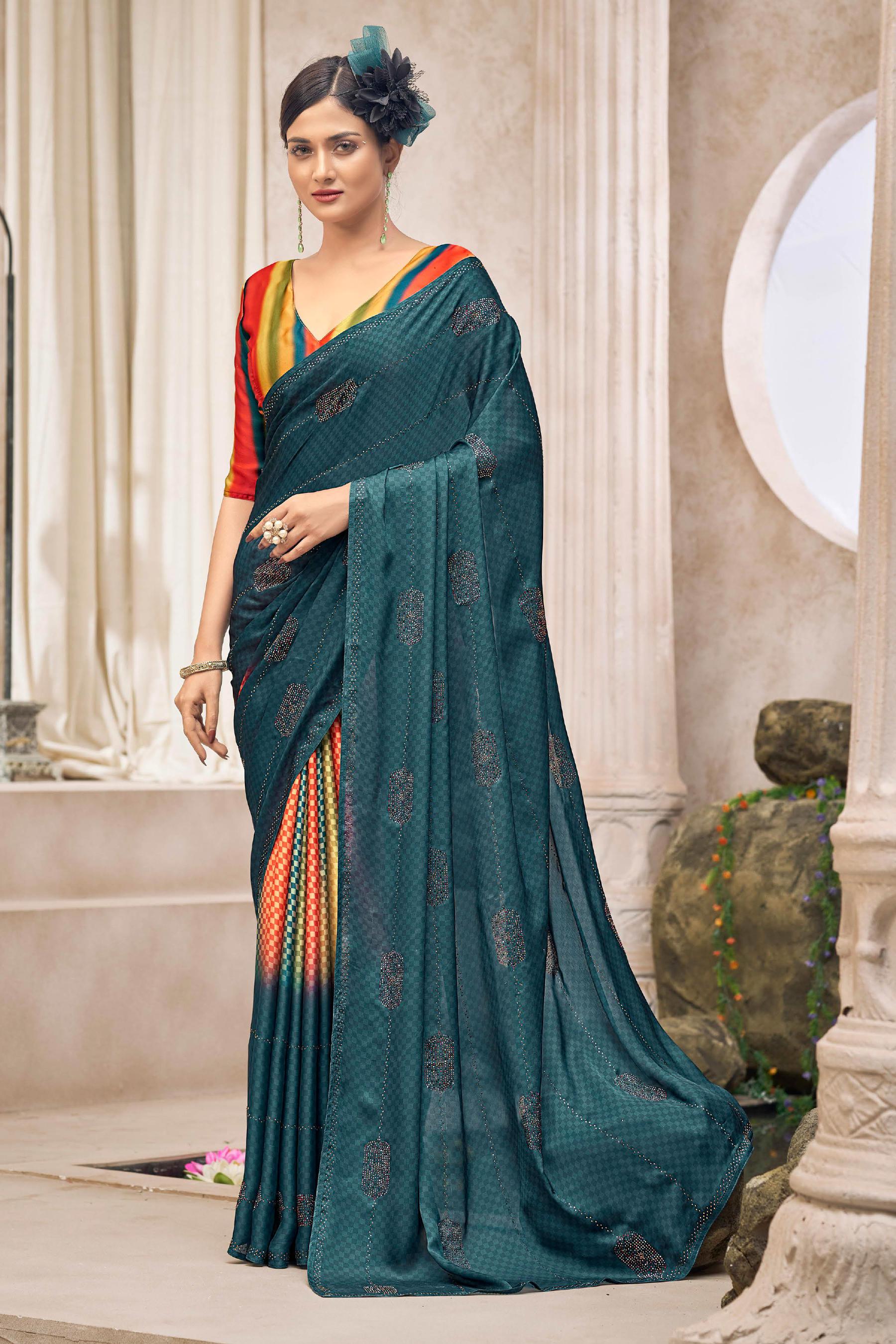 blue satin saree for festive and wedding wear

