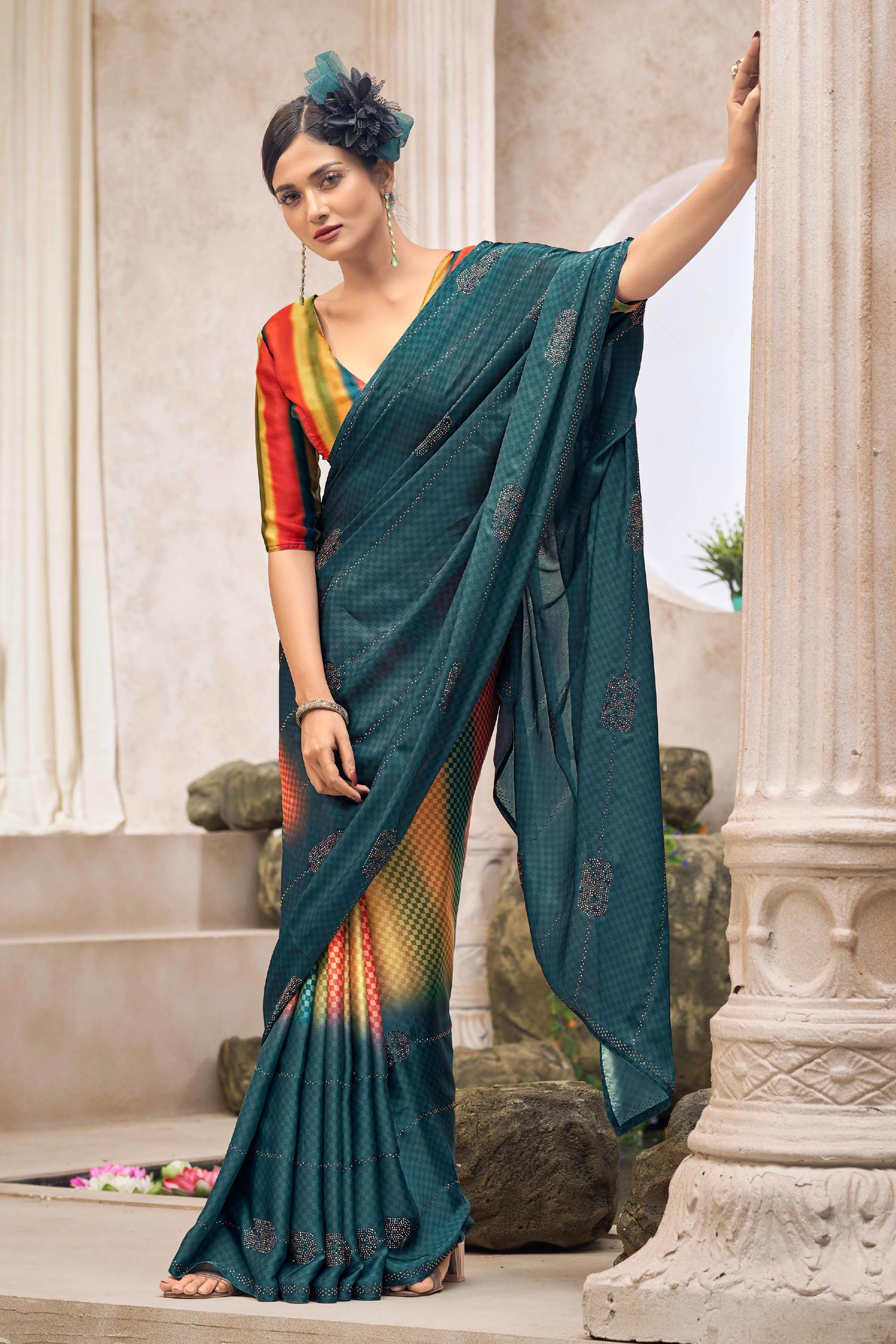 bollywood style blue satin saree online India