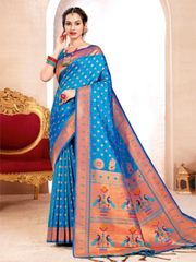 Blue Handloom Weaving Zari Paithani Silk Saree