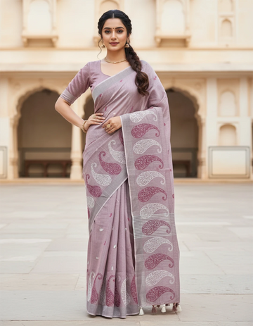 Dark Pink Embroidered Linen Saree For Summer