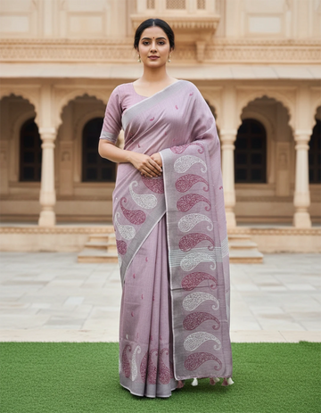 Dark Pink Embroidered Linen Saree For Summer