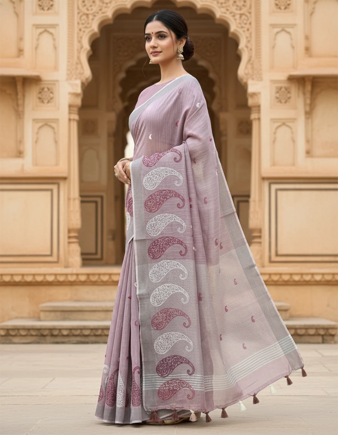 Dark Pink Embroidered Linen Saree For Summer