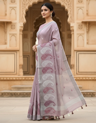 Dark Pink Embroidered Linen Saree For Summer