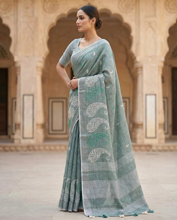Dark Green Embroidered Linen Saree For Summer