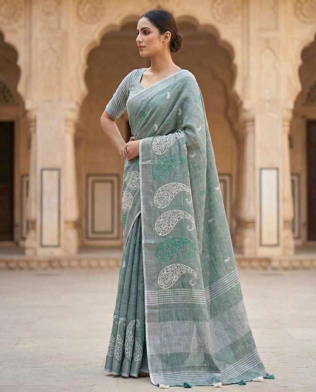 Dark Green Embroidered Linen Saree For Summer