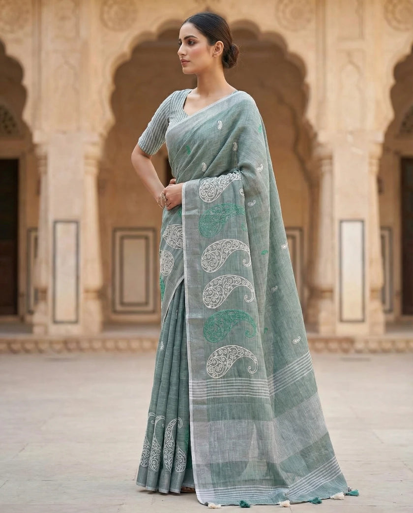 Dark Green Embroidered Linen Saree For Summer