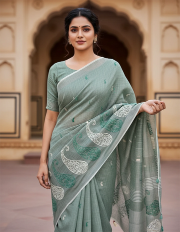 Dark Green Embroidered Linen Saree For Summer