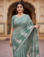 Dark Green Embroidered Linen Saree For Summer