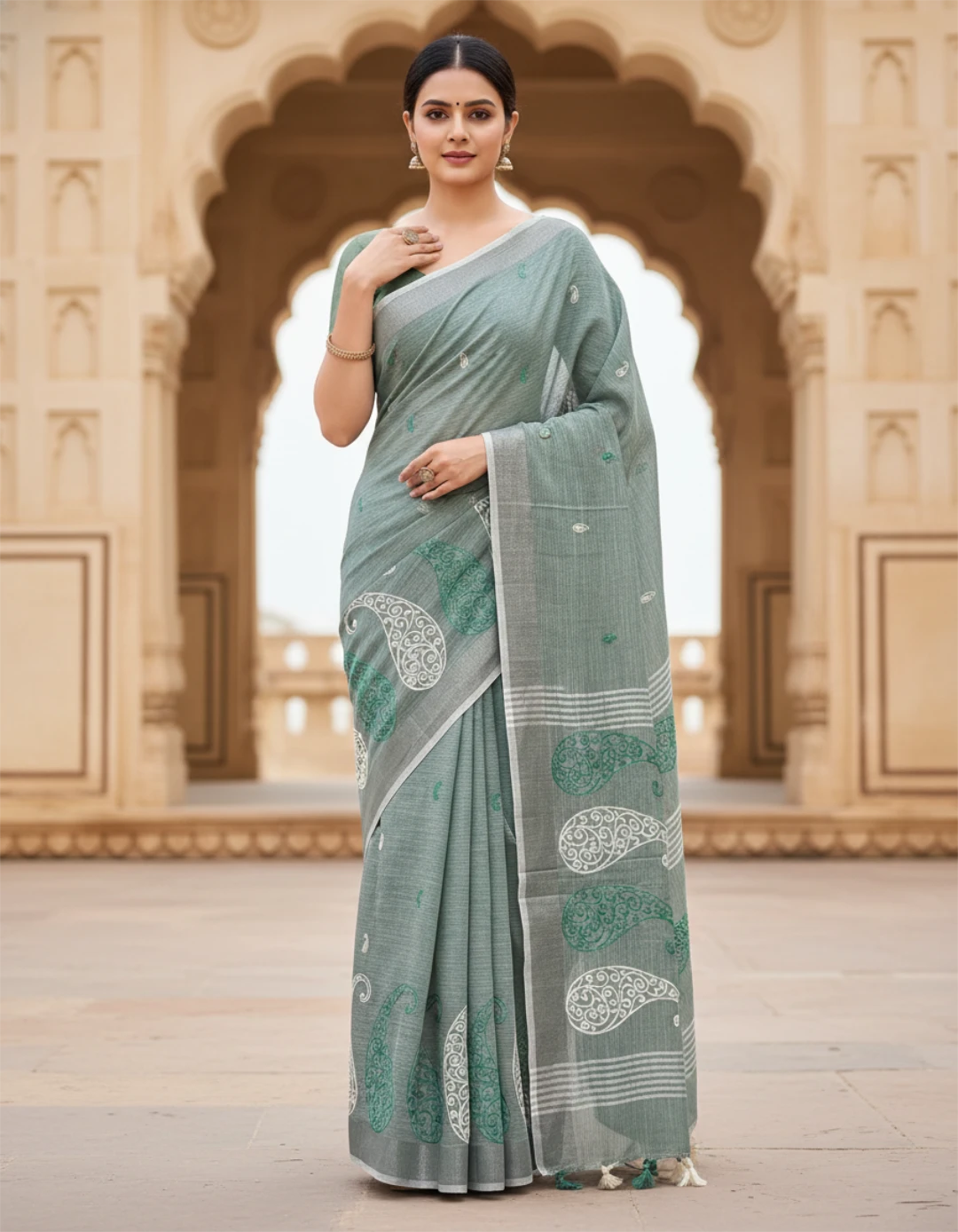 Dark Green Embroidered Linen Saree For Summer