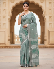 Dark Green Embroidered Linen Saree For Summer