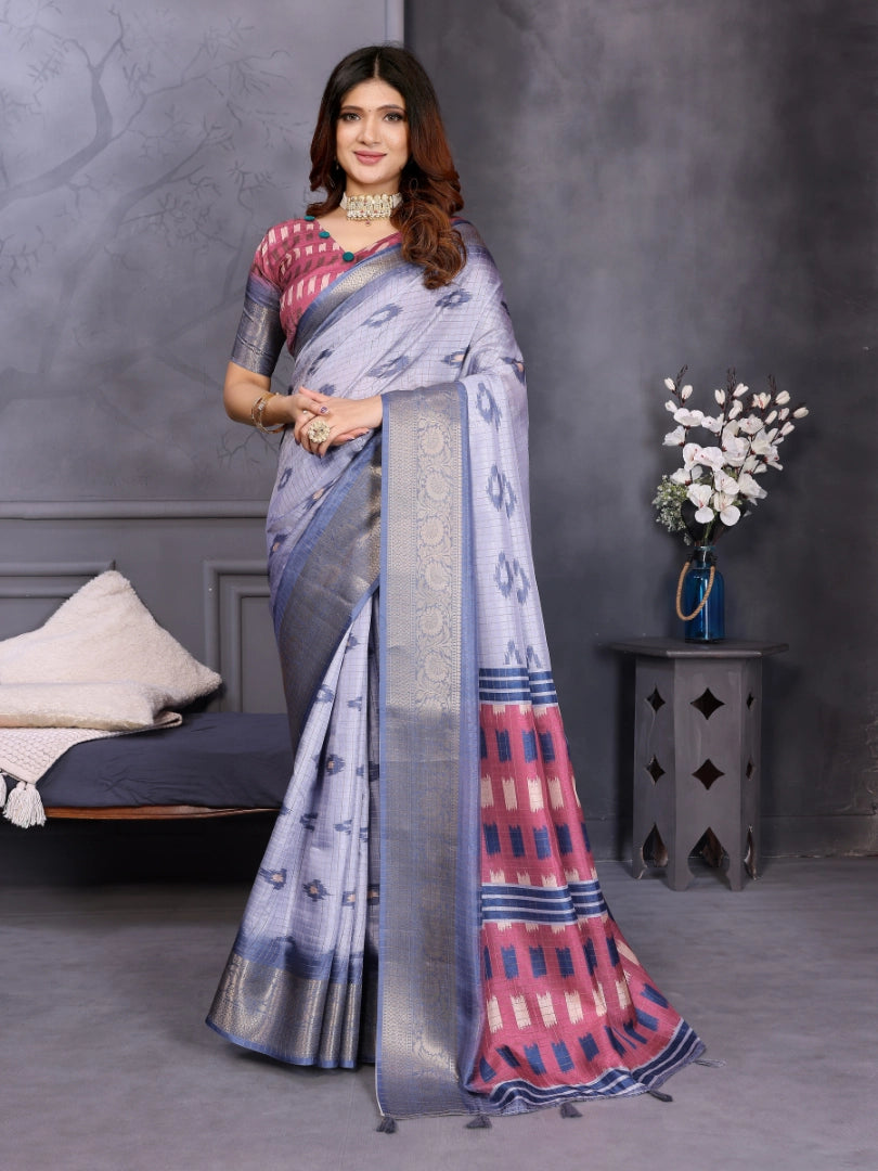 Blue Dola Jacquard Geometric Check Pattern Digital Print