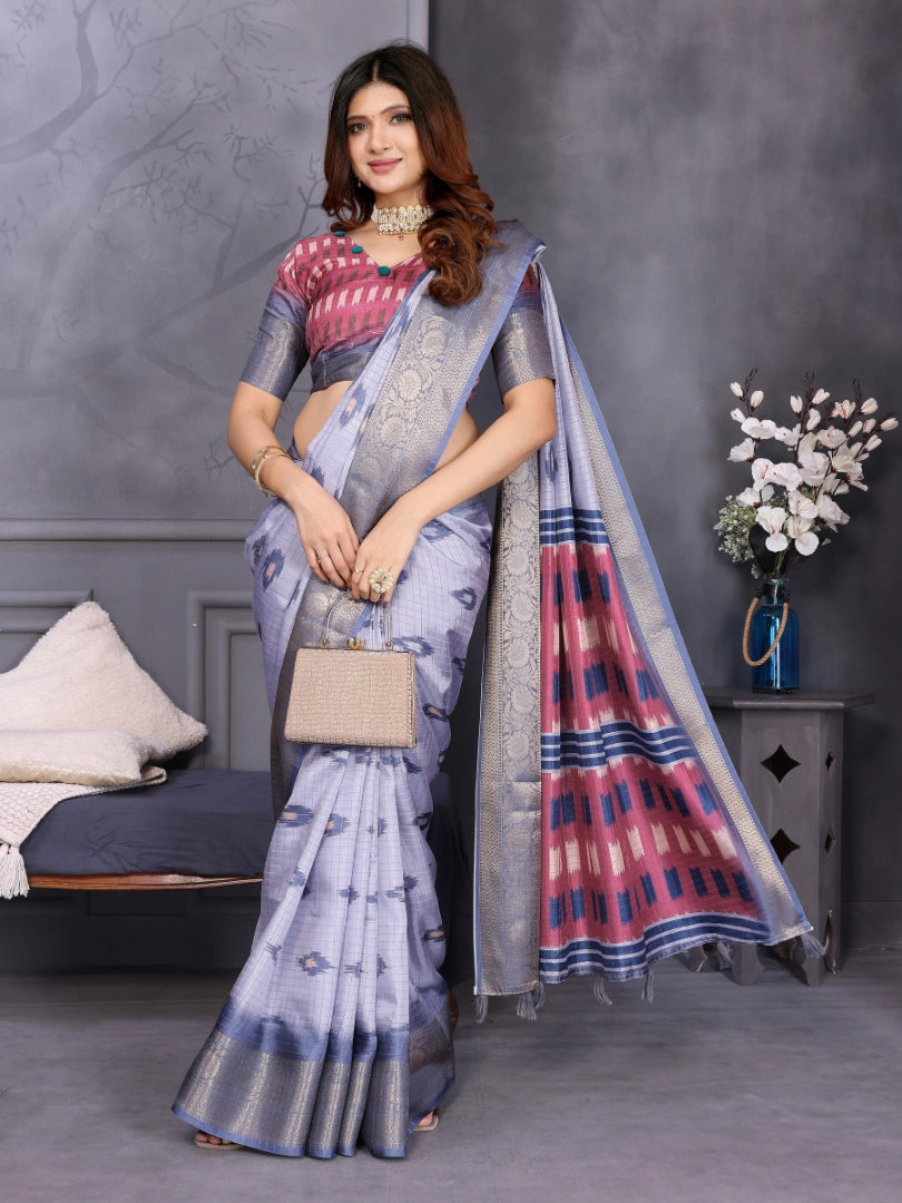 Blue Dola Jacquard Geometric Check Pattern Digital Print