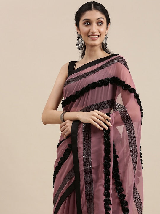 Dark Pink Designer georgette ribbon sequence saree