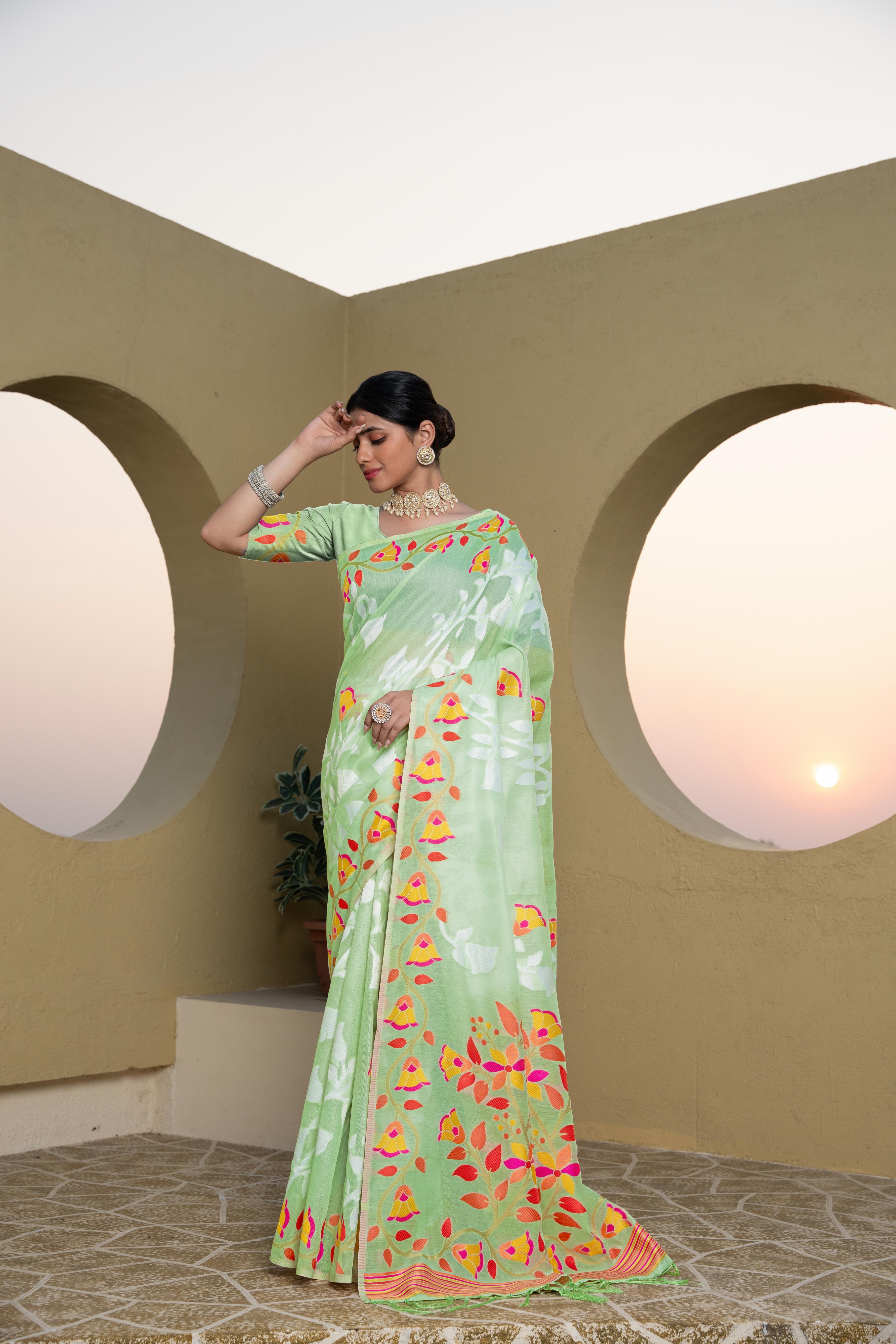 floral print green saree cotton silk